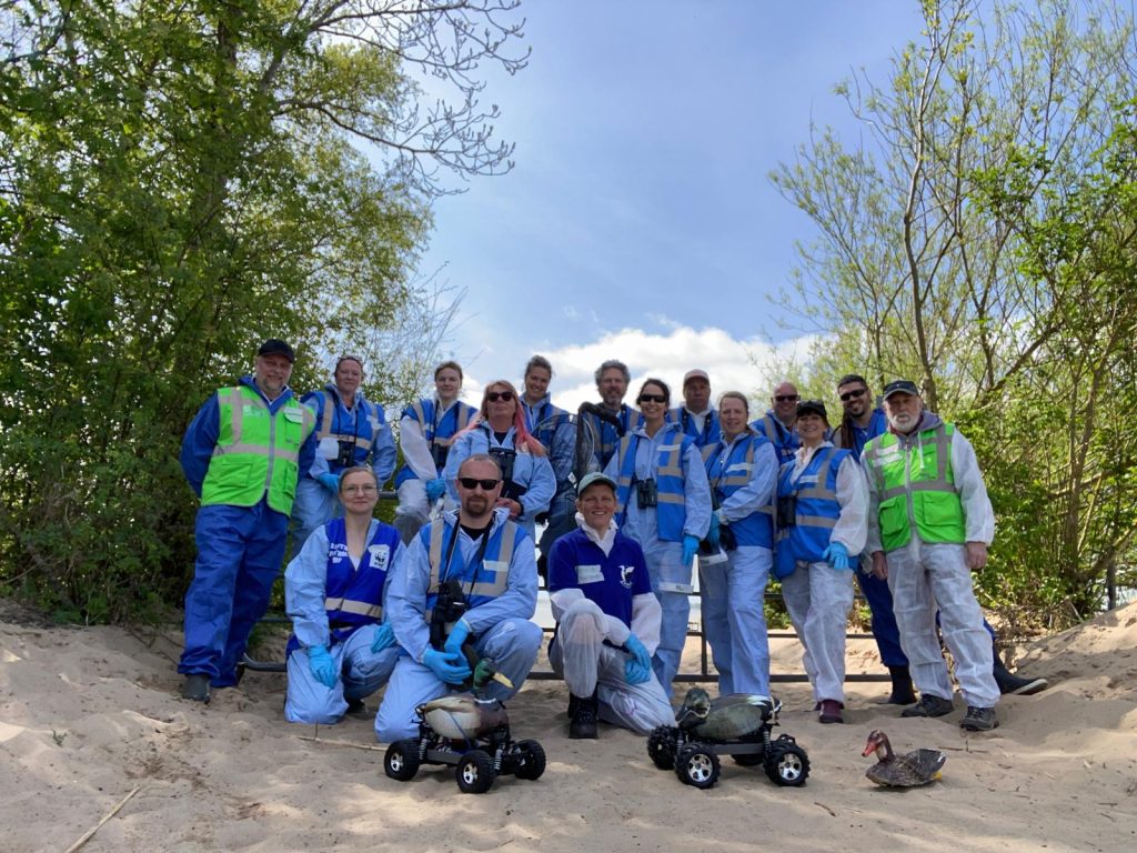 Die Teilnehmenden des EUROWILD-Workshops posieren am Strand mit zwei Roboducks, Enten auf dem Körper eines Rennautos.